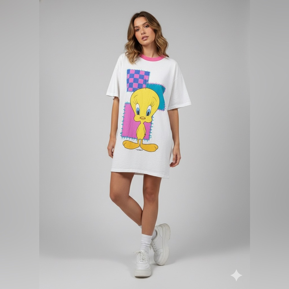 VTG Single Stitch 1996 Looney Tunes Tweety Terry Pink Ringer Graphic Shirt Dress